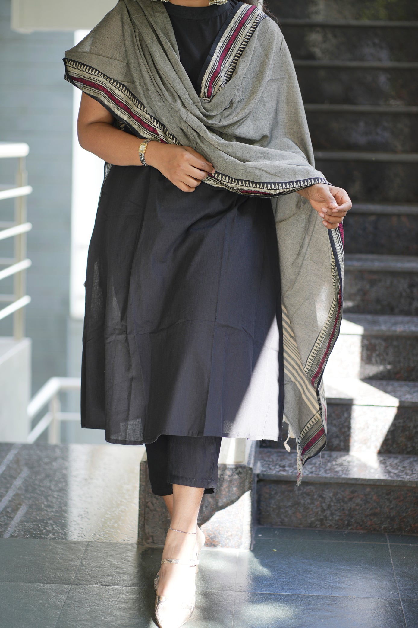 Dina Collection - Black sleeveless halter neck  kurtha with pocket and grey dupatta