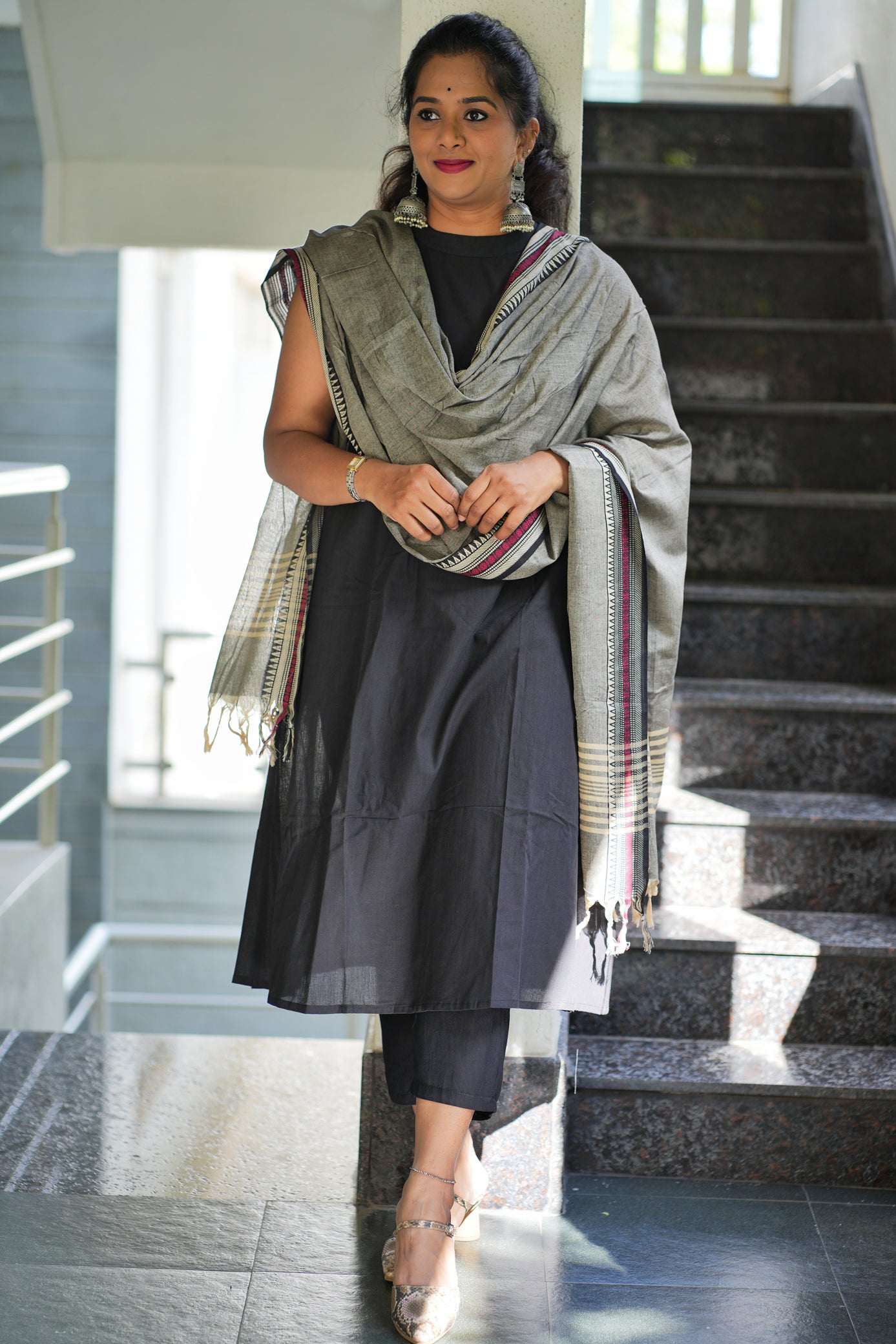 Dina Collection - Black sleeveless halter neck  kurtha with pocket and grey dupatta