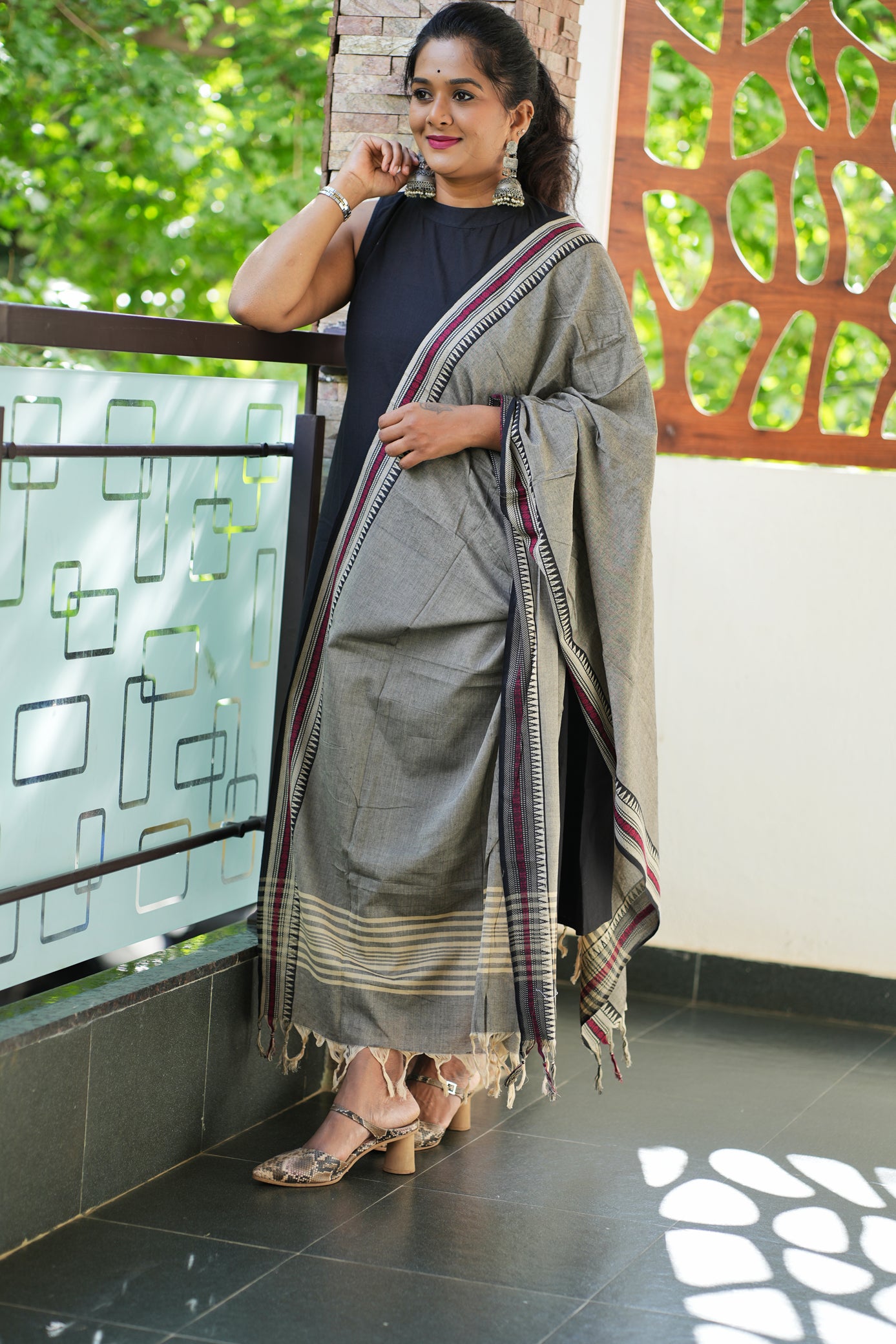Dina Collection - Black sleeveless halter neck  kurtha with pocket and grey dupatta
