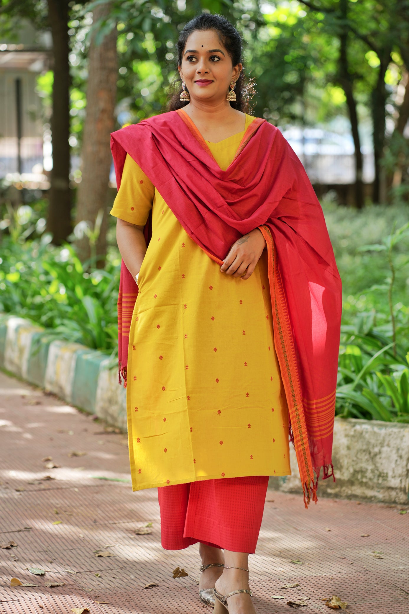 Dina Collection - Yellow with red motif handloom cotton top with red dupatta