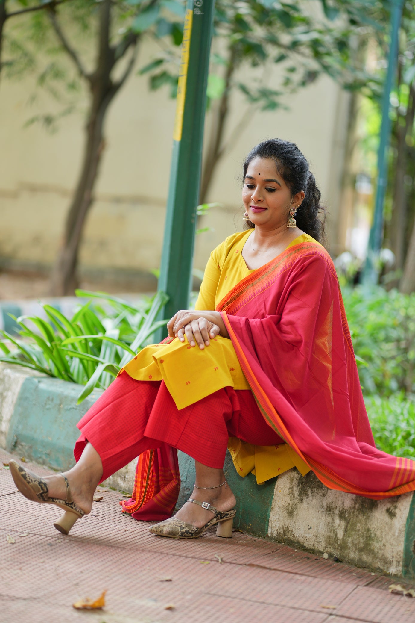 Dina Collection - Yellow with red motif handloom cotton top with red dupatta