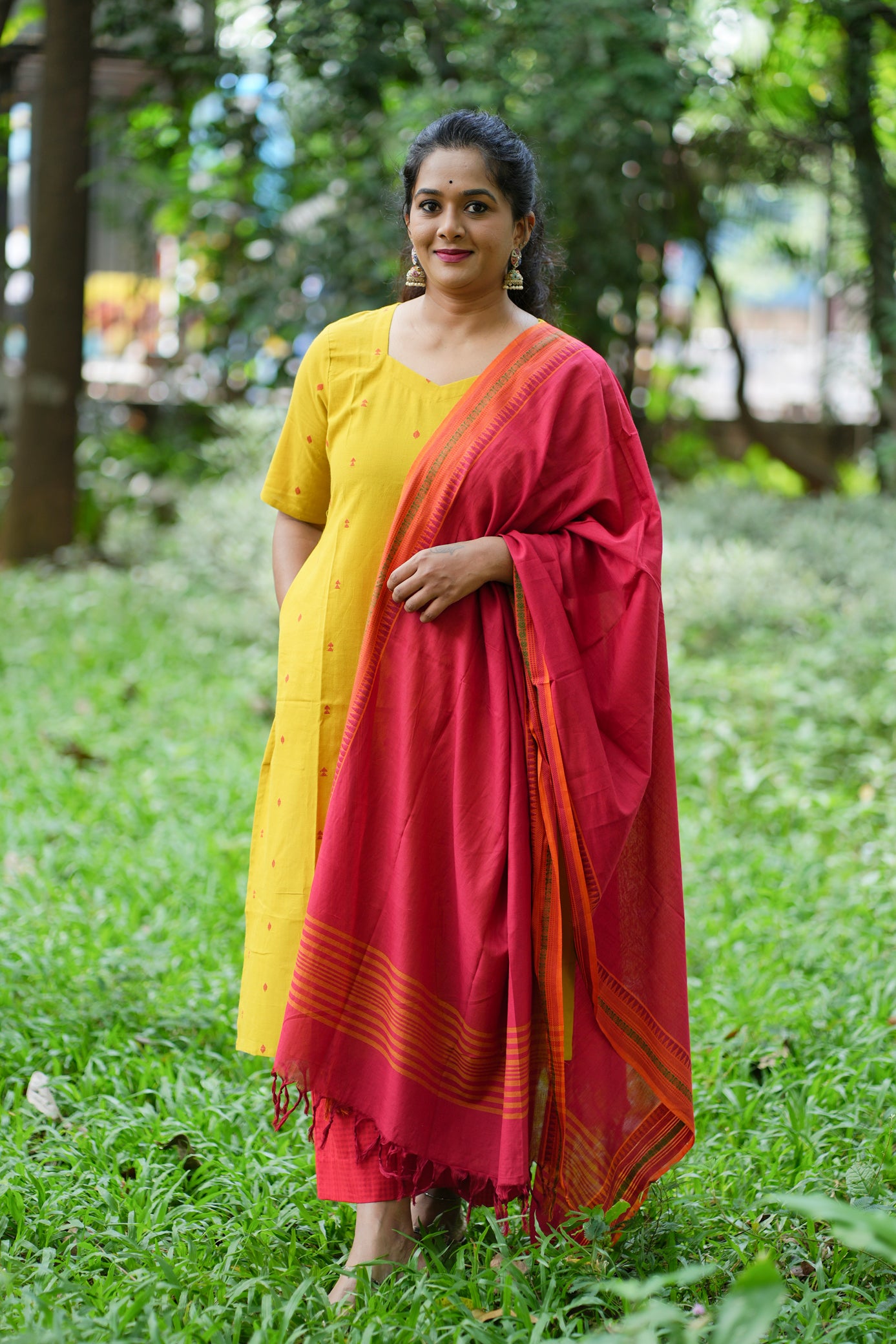 Dina Collection - Yellow with red motif handloom cotton top with red dupatta