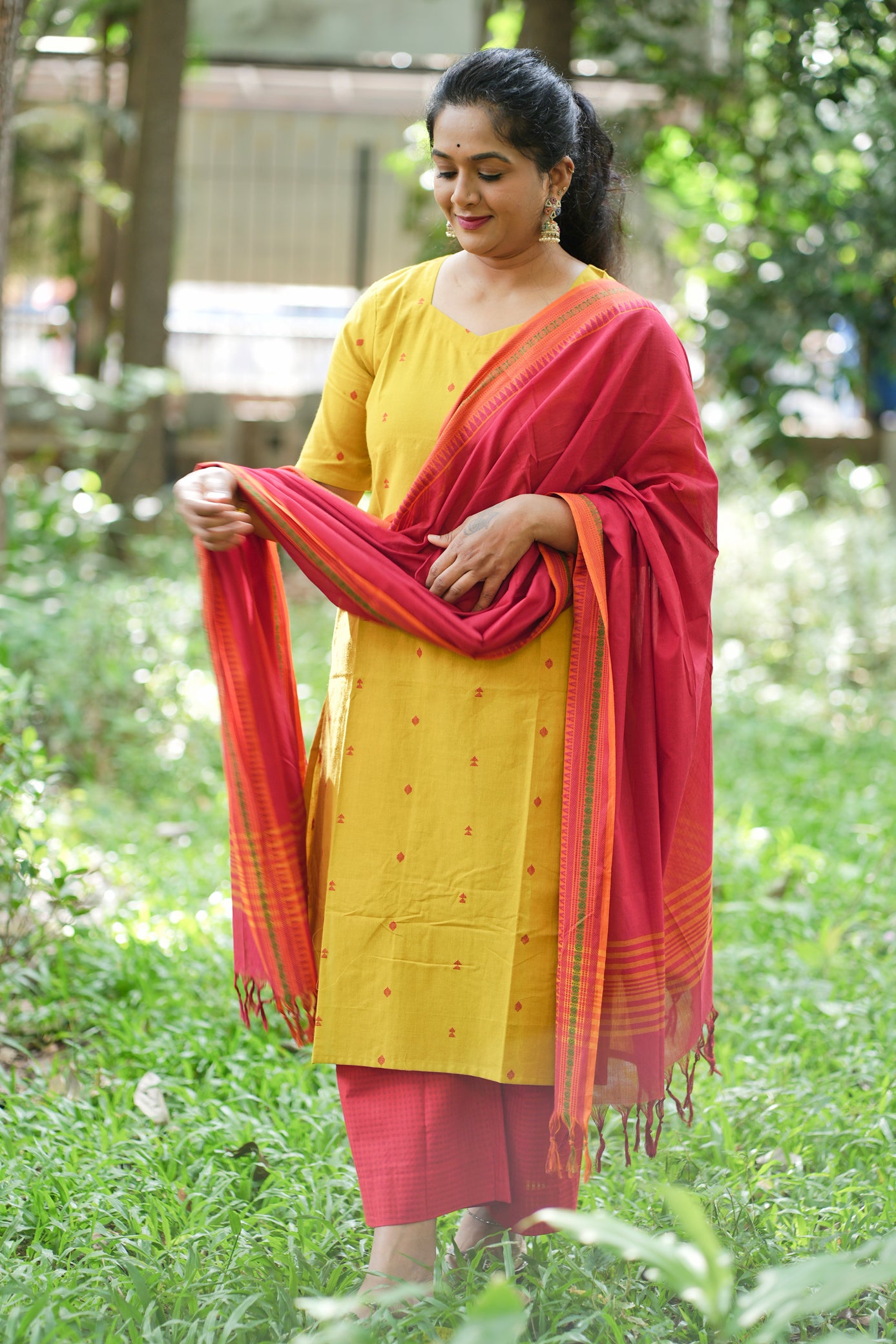 Dina Collection - Yellow with red motif handloom cotton top with red dupatta