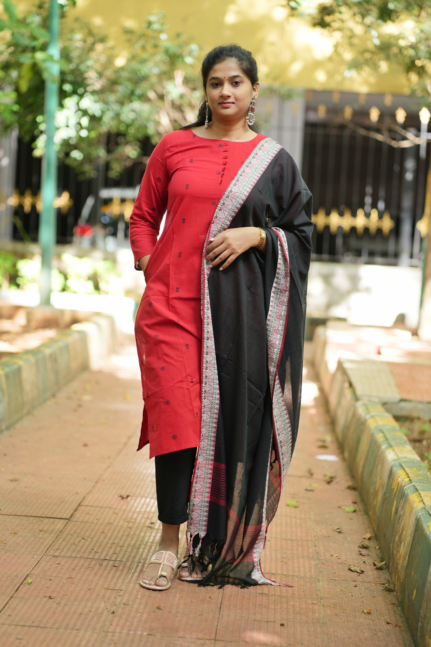 Dina Collection - Red with black motifs handloom cotton top with black dupatta