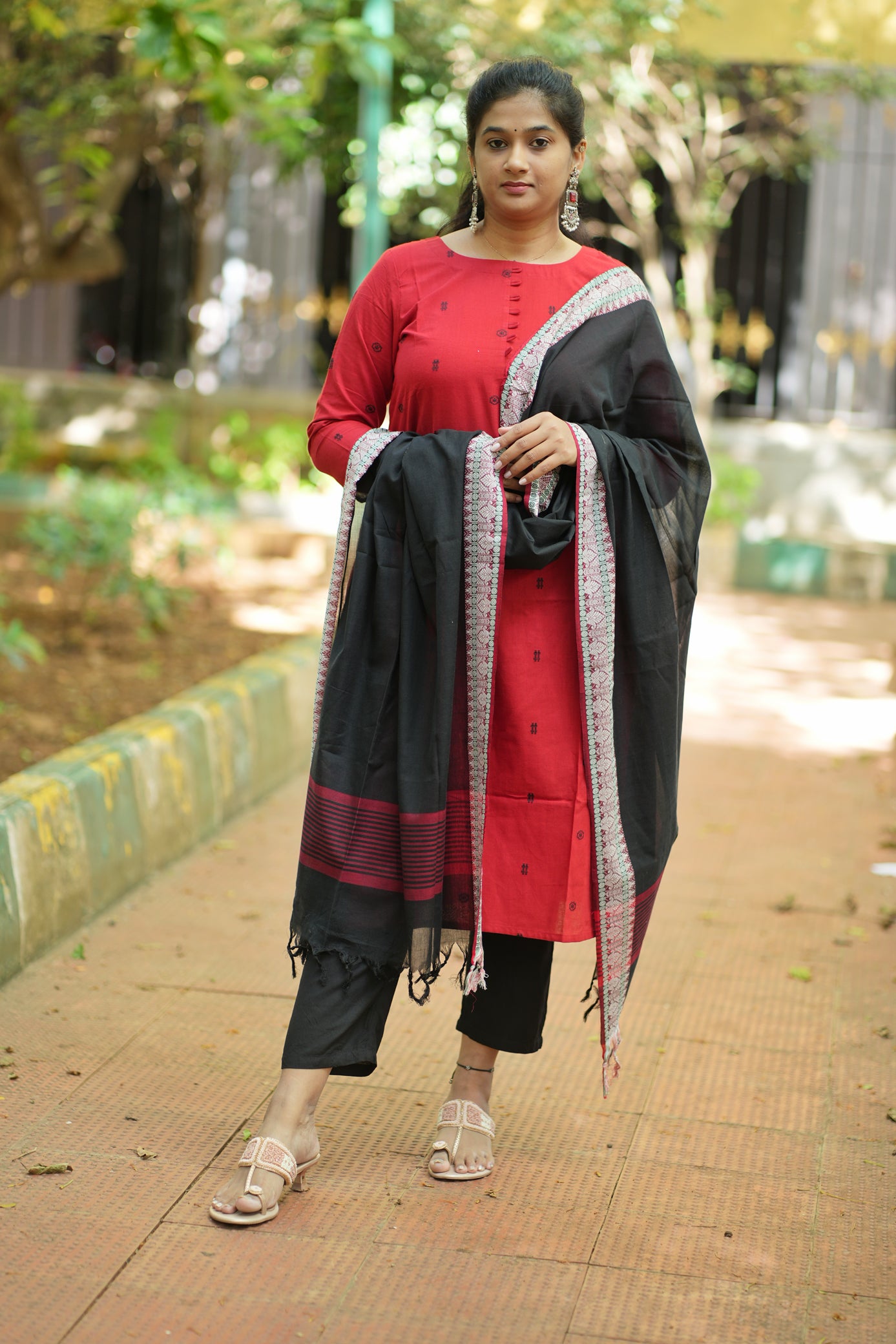 Dina Collection - Red with black motifs handloom cotton top with black dupatta
