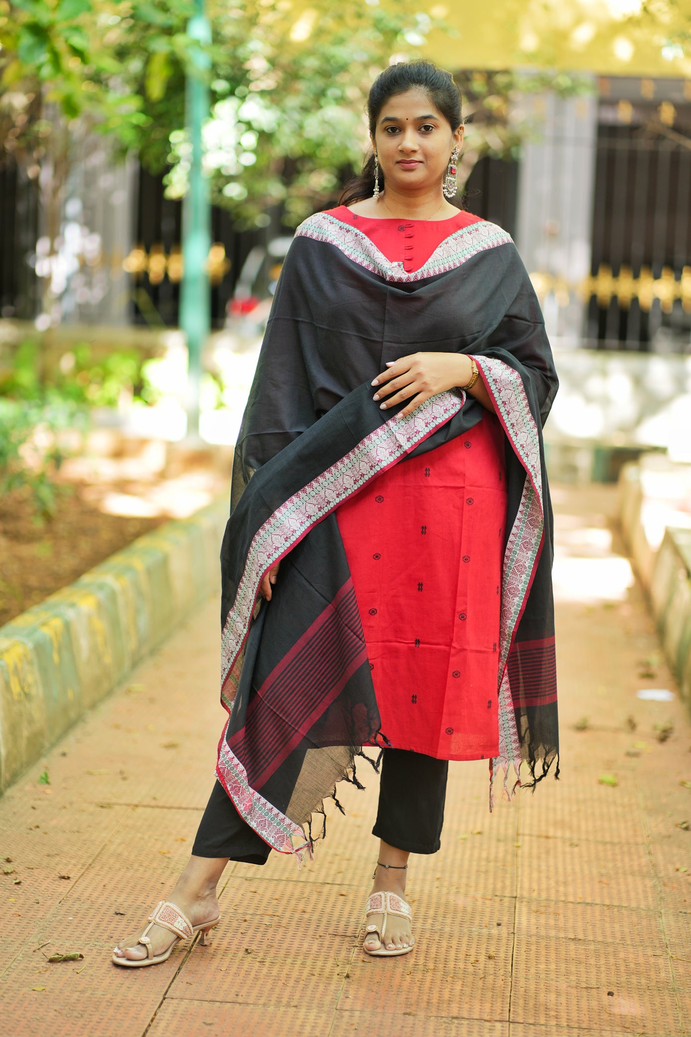 Dina Collection - Red with black motifs handloom cotton top with black dupatta