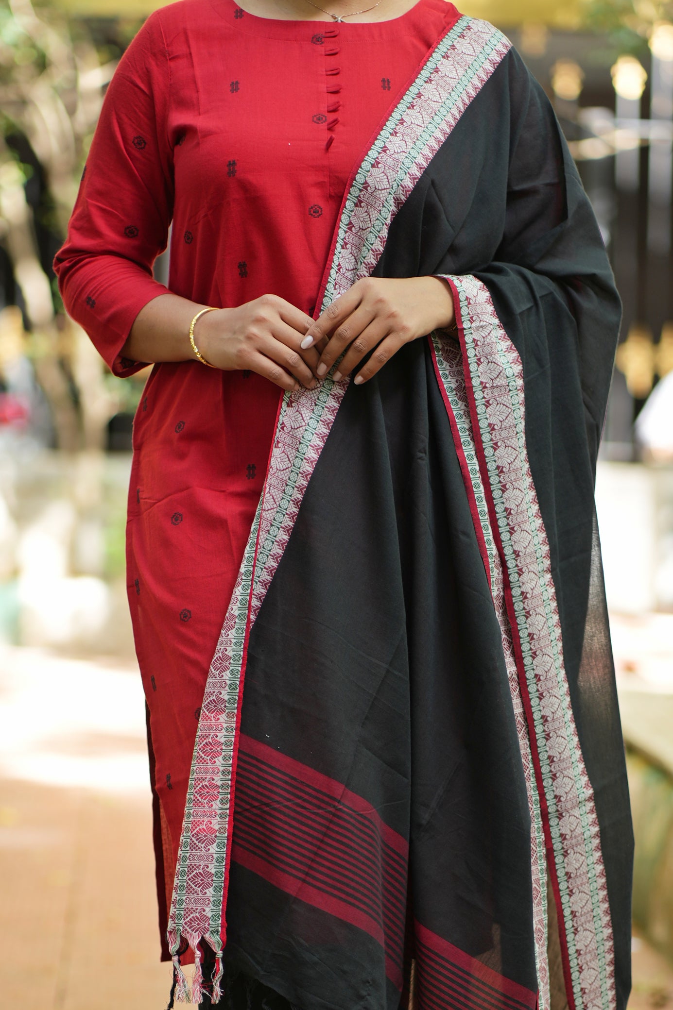 Dina Collection - Red with black motifs handloom cotton top with black dupatta