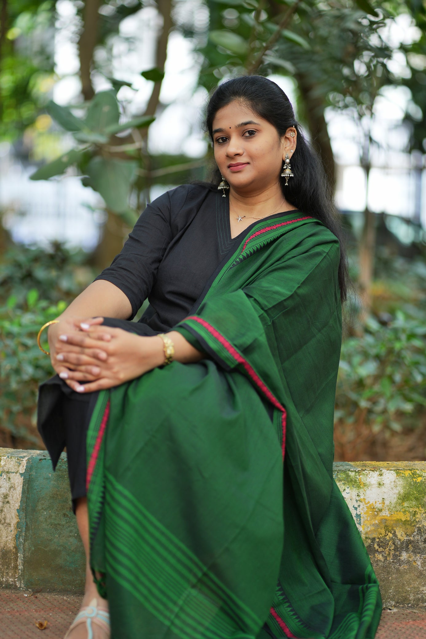 Dina Collection - Black handloom cotton kurtha with pocket and  green dupatta