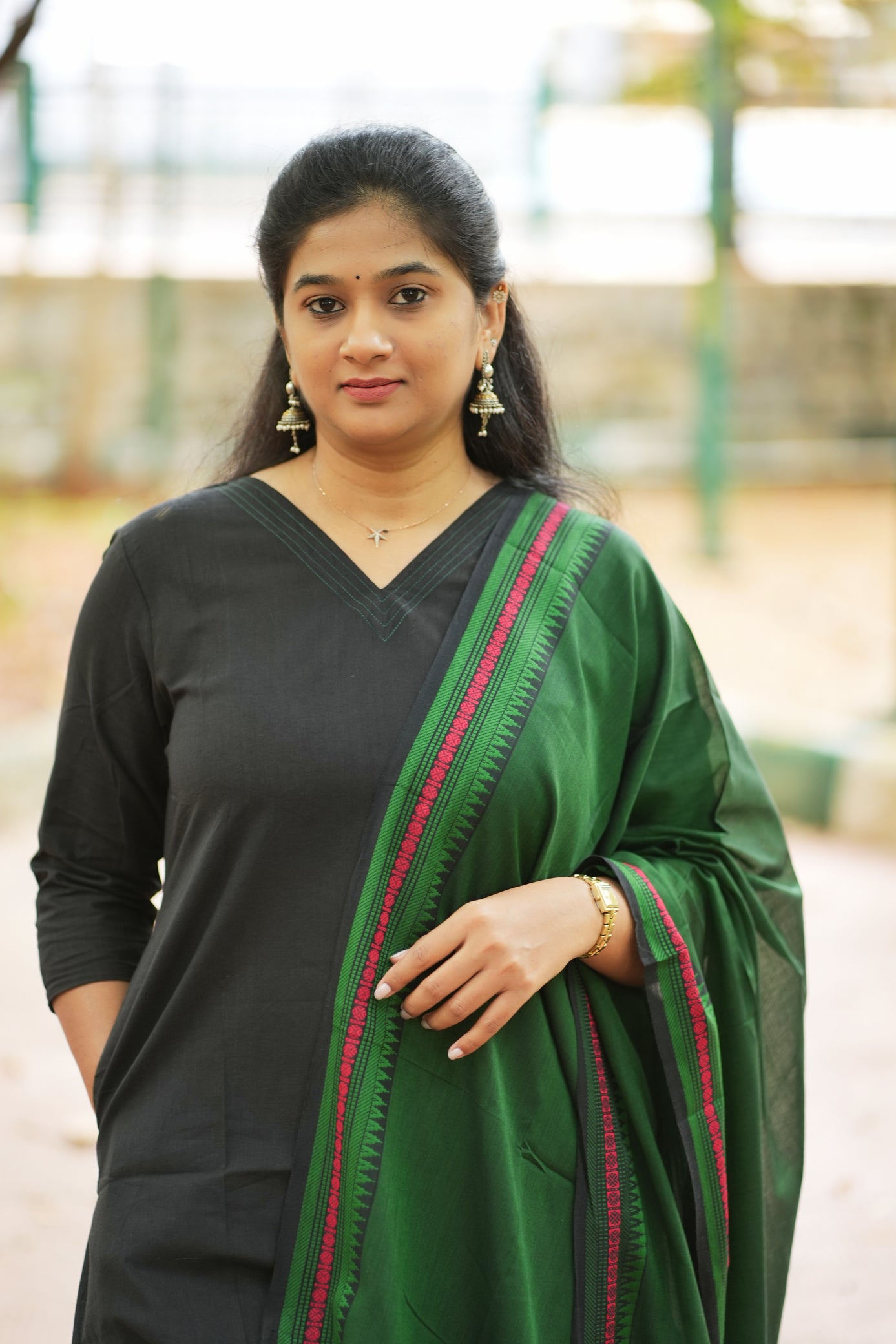 Dina Collection - Black handloom cotton kurtha with pocket and  green dupatta