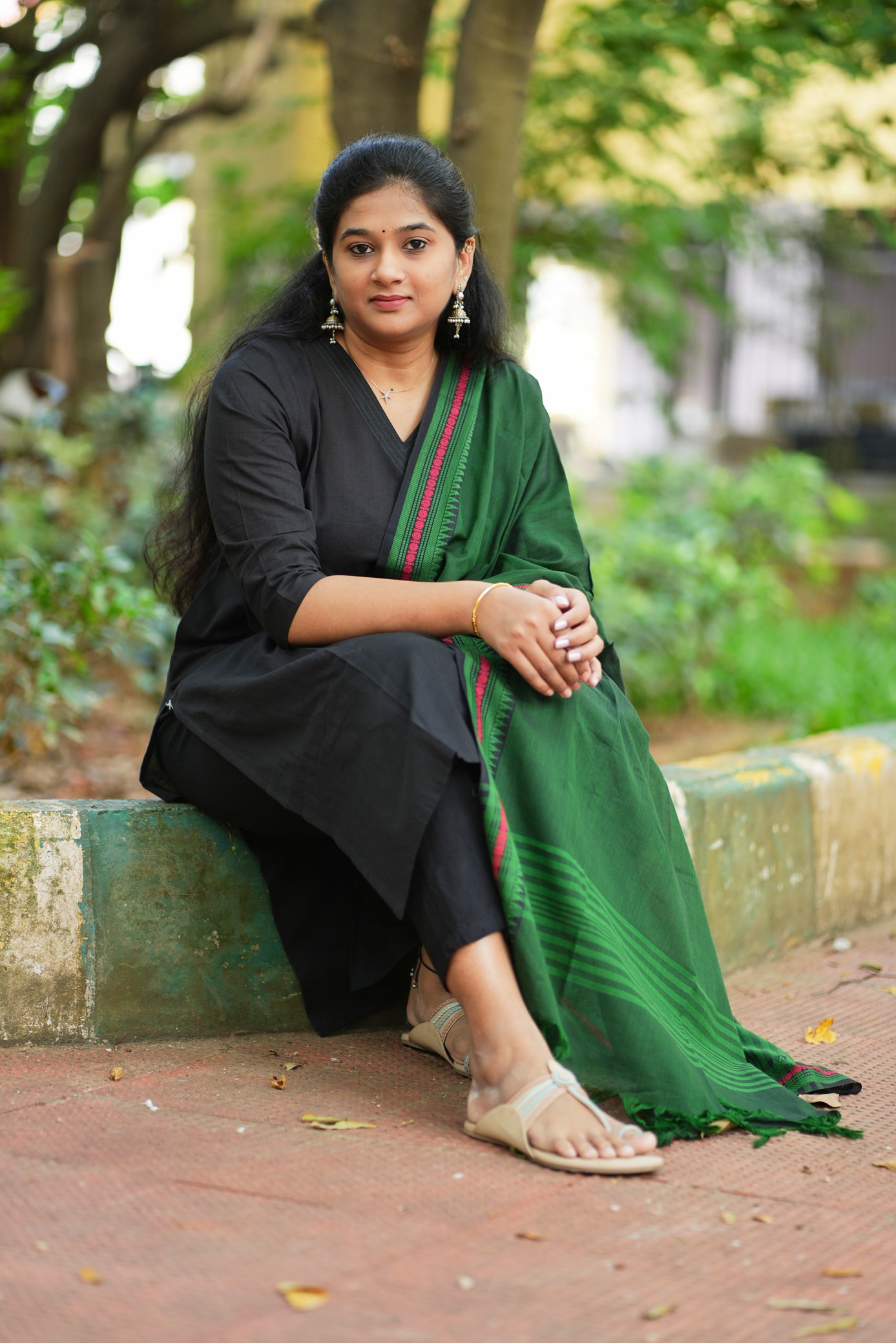 Dina Collection - Black handloom cotton kurtha with pocket and  green dupatta