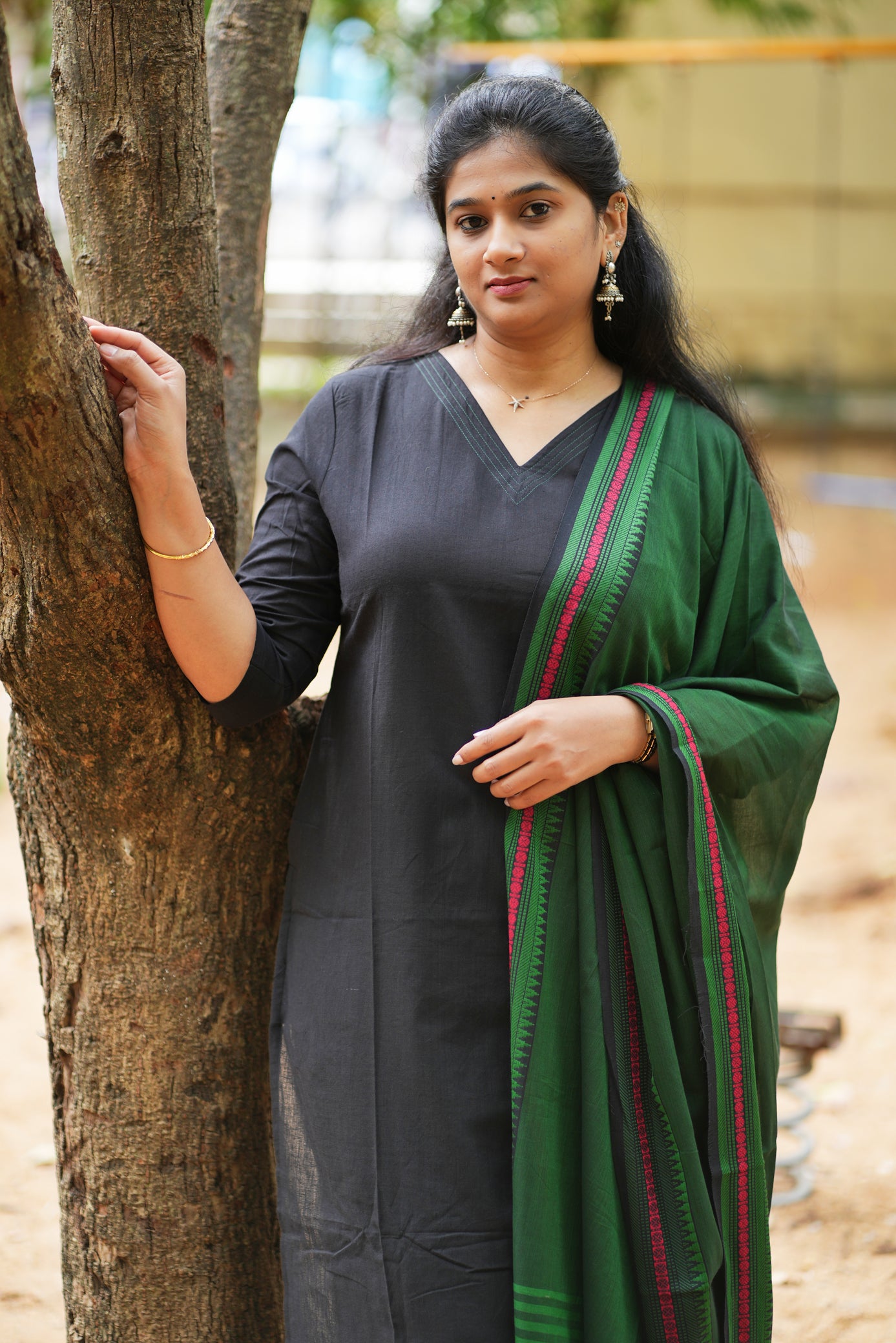 Dina Collection - Black handloom cotton kurtha with pocket and  green dupatta