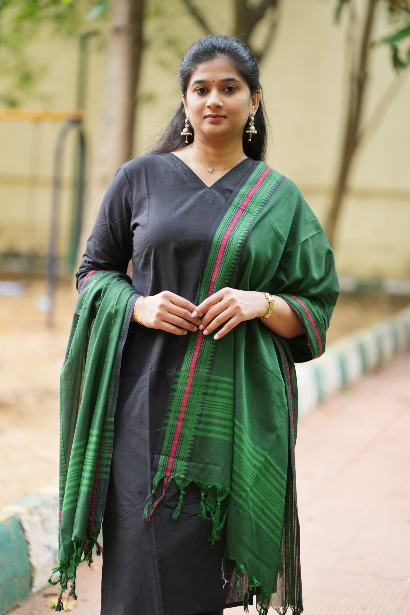 Dina Collection - Black handloom cotton kurtha with pocket and  green dupatta